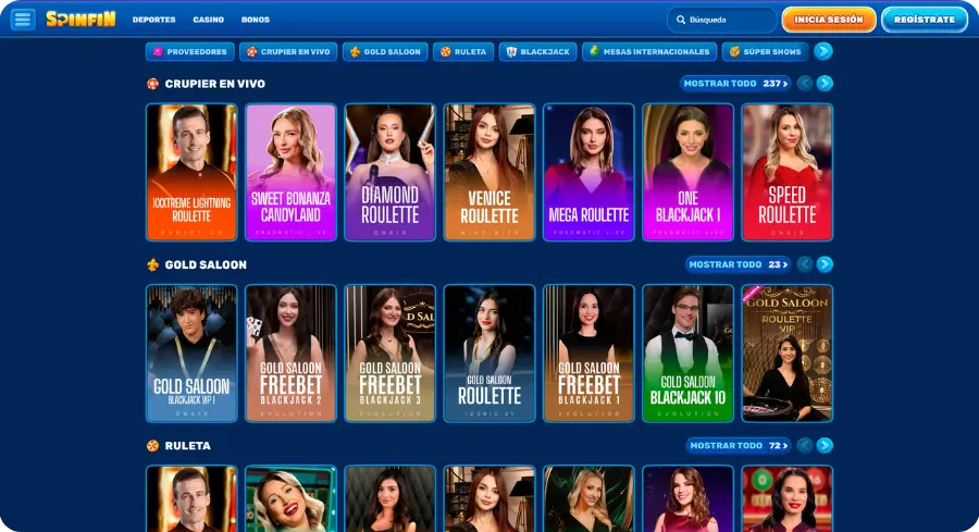Spinfin Casino en vivo - mesas con Evolution y Pragmatic Play